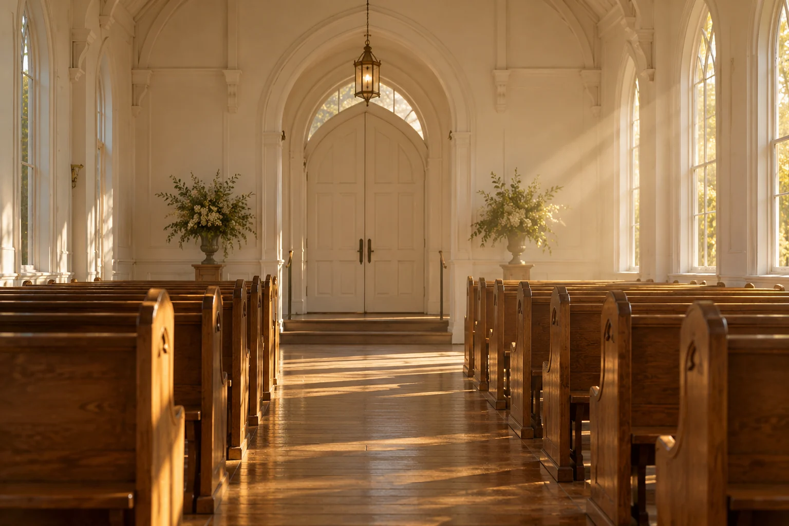 AI-generated location study of a sunlit chapel, with no people