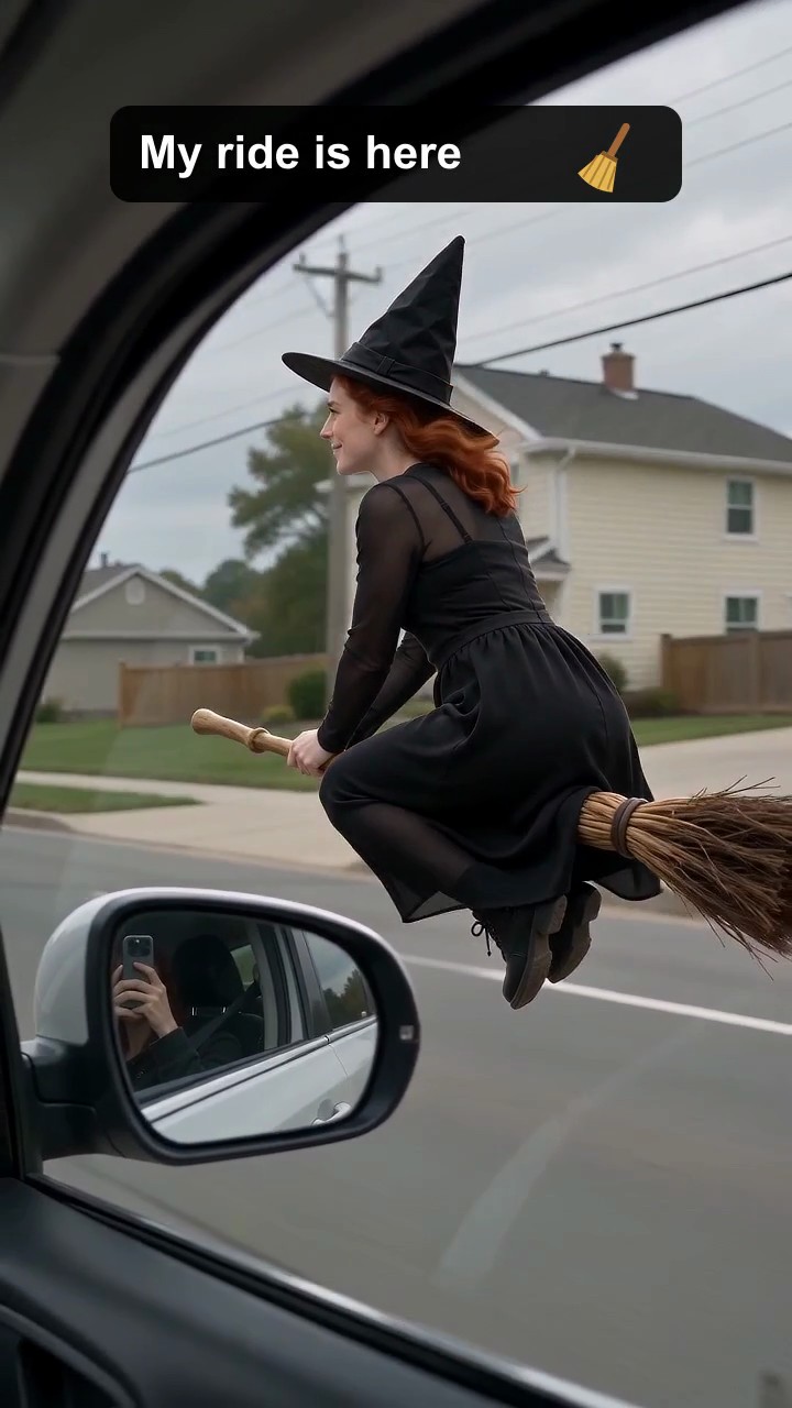 AI-generated fictional adult riding a flying broom beside a car window