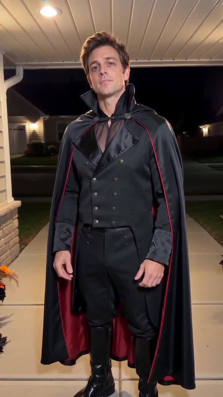 AI-generated fictional adult in a vampire costume walk
